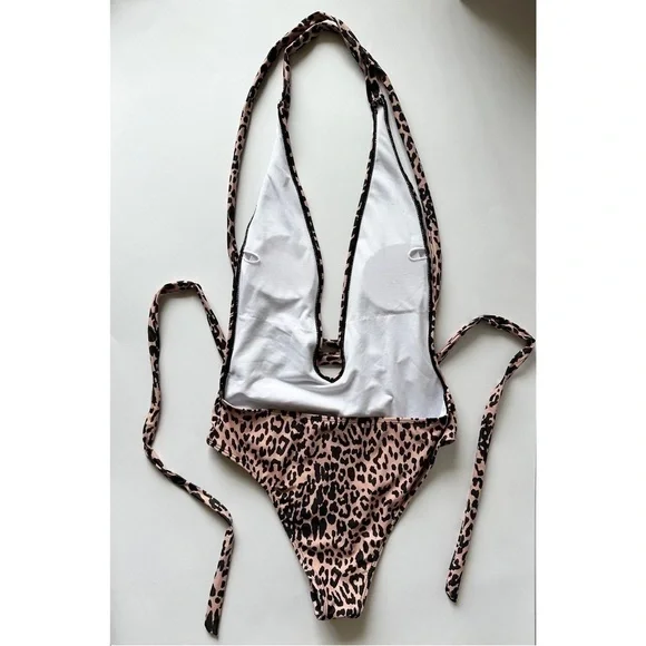 Animal Print Backless Plunging Neckline One Piece Swimsuit - Picture 2 of 5